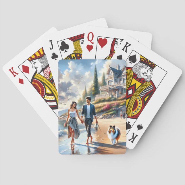 Romantic Coastal Cottage Sunset Stroll Playing Cards (Back)