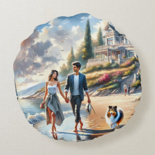 Romantic Coastal Cottage Sunset Stroll Round Pillow