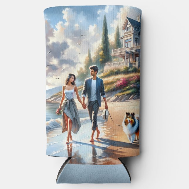 Romantic Coastal Cottage Sunset Stroll Seltzer Can Cooler (Front)