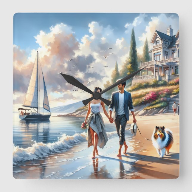 Romantic Coastal Cottage Sunset Stroll Square Wall Clock (Front)