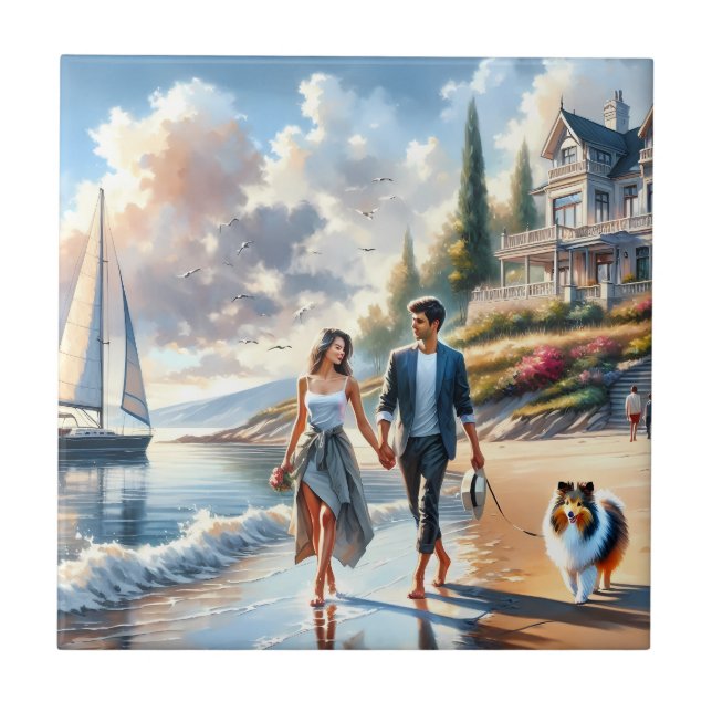 Romantic Coastal Cottage Sunset Stroll Tile (Front)