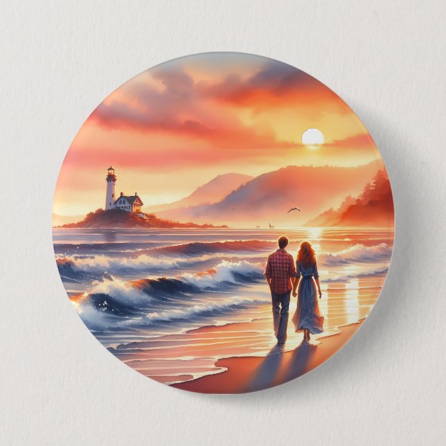 Romantic Coastal Sunset Lighthouse Walk 3 Inch Round Button (Front)