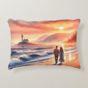 Romantic Coastal Sunset Lighthouse Walk Accent Pillow