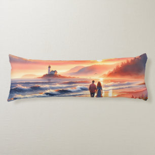 Romantic Coastal Sunset Lighthouse Walk Body Pillow