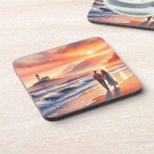 Romantic Coastal Sunset Lighthouse Walk Coaster