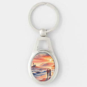 Romantic Coastal Sunset Lighthouse Walk Keychain