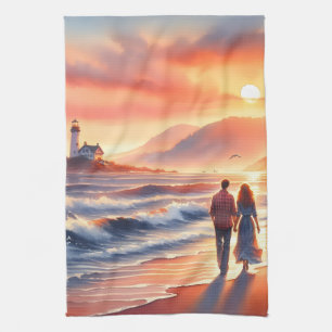Romantic Coastal Sunset Lighthouse Walk Kitchen Towel