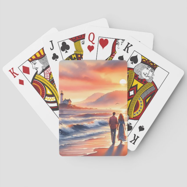 Romantic Coastal Sunset Lighthouse Walk Playing Cards (Back)