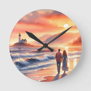 Romantic Coastal Sunset Lighthouse Walk Round Clock