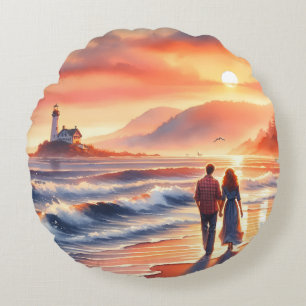 Romantic Coastal Sunset Lighthouse Walk Round Pillow