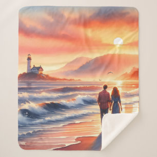 Romantic Coastal Sunset Lighthouse Walk Sherpa Blanket