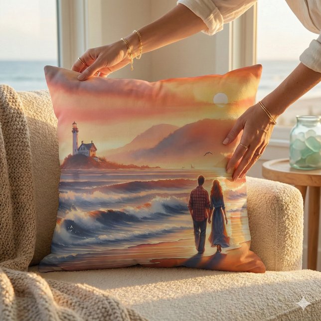 Romantic Coastal Sunset Lighthouse Walk Throw Pillow (Romantic Coastal Sunset Lighthouse Walk Throw Pillow Mockup A)