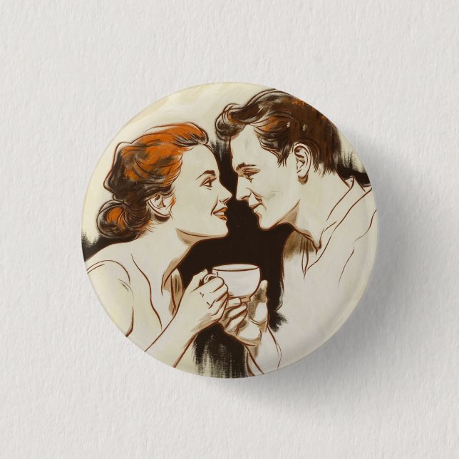 Romantic Coffee Date Couples Sharing Sweet Glance 1 Inch Round Button (Front)