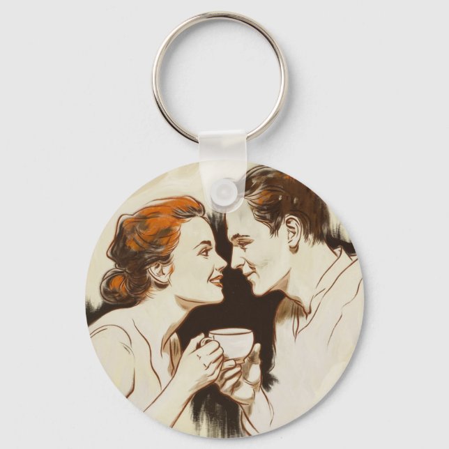 Romantic Coffee Date Couples Sharing Sweet Glance Keychain (Front)