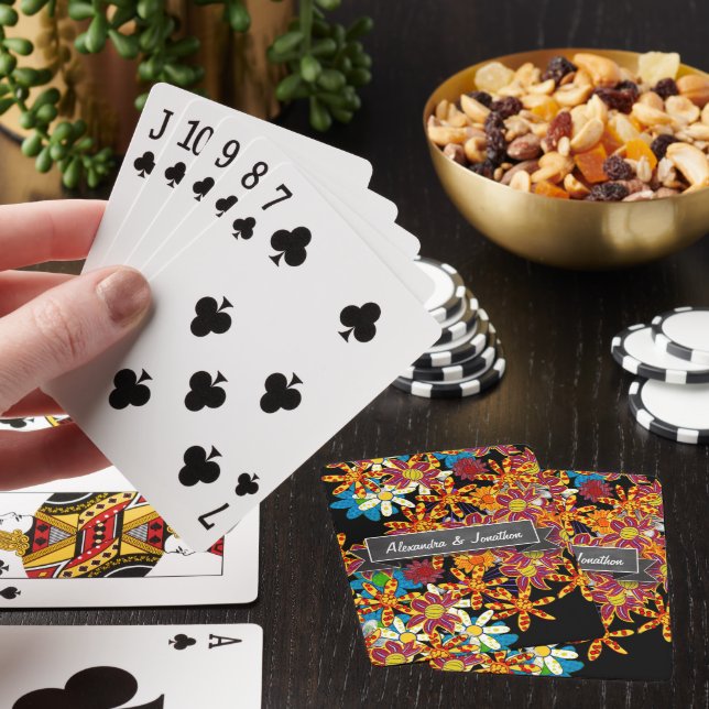 Romantic Colourful Floral Chalkboard Black Banner Playing Cards (In Situ)