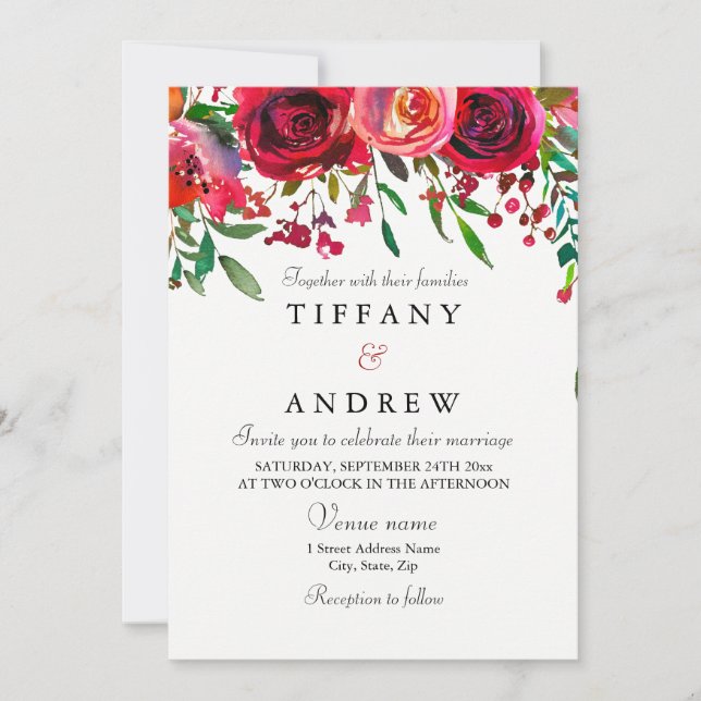 Romantic Colourful Red Floral Wedding invitation (Front)