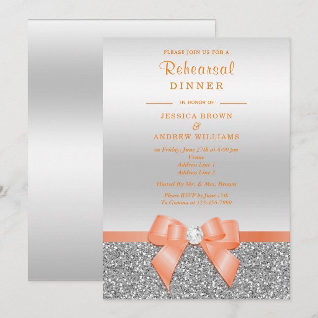 Romantic Cora Bow, Silver Glitter Rehearsal Dinner Invitation (Front/Back)