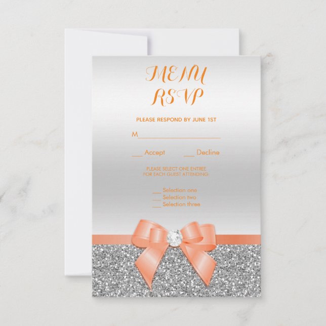 Romantic Coral Bow & Silver Glitter Rsvp Card (Front)