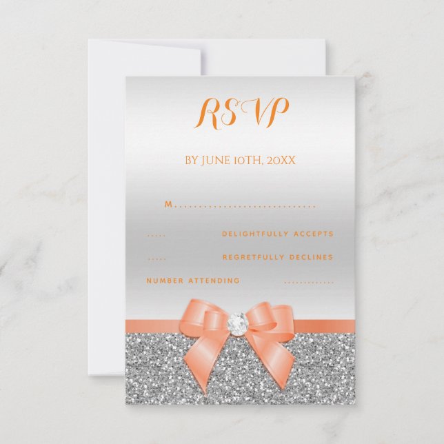 Romantic Coral Bow & Silver Glitter RSVP Card (Front)
