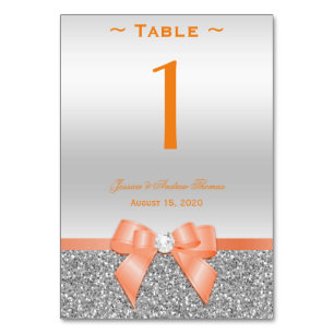 Romantic Coral Bow & Silver Glitter Table Number