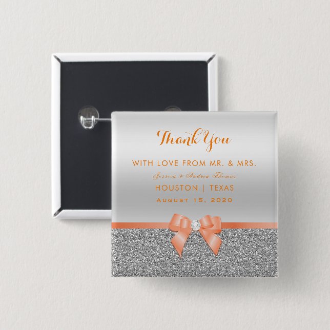 Romantic Coral Bow & Silver Glitter Wedding 2 Inch Square Button (Front & Back)