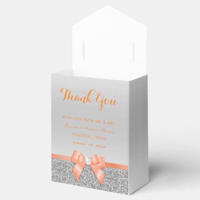 Romantic Coral Bow & Silver Glitter Wedding Favor Box (Opened)