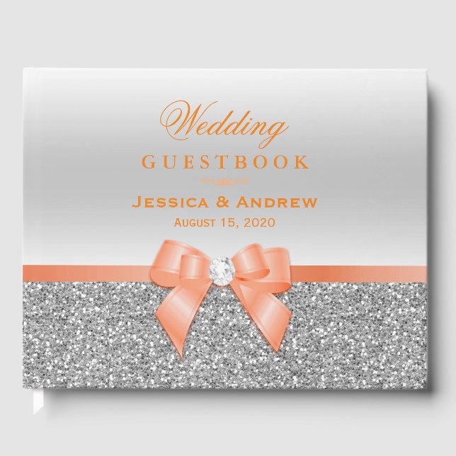 Romantic Coral Bow & Silver Glitter Wedding Guest Book (Front)
