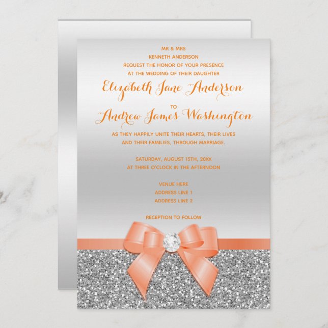 Romantic Coral Bow & Silver Glitter Wedding Invitation (Front/Back)