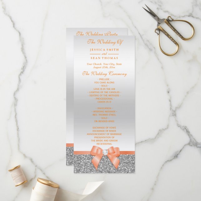 Romantic Coral Bow, Silver Glitter Wedding Program (Front/Back In Situ)