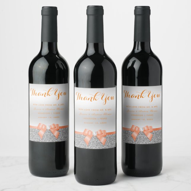 Romantic Coral Bow & Silver Glitter Wedding Wine Label (Bottles)