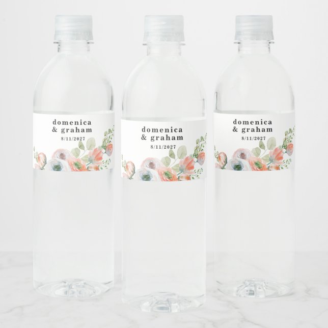 Romantic Coral Floral Wedding  Water Bottle Label (Bottles)