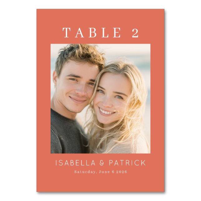 Romantic Coral Minimalist Photo Table Number (Front)