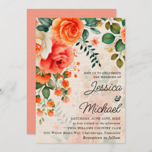 Romantic Coral Orange Floral  Invitation