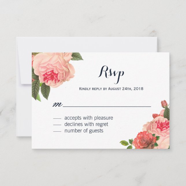 Romantic Coral Peonie on Navy RSVP Cards (Front)