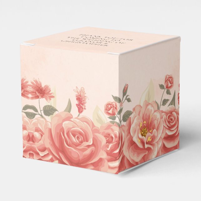Romantic Coral Roses Garden Wedding Square Favor Box (Front Side)