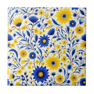 Romantic Cornflower Blue and Yellow Floral Tile