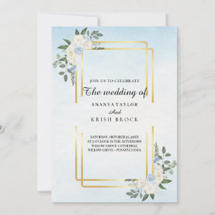 Romantic cottage Blue Floral Wedding Invitation