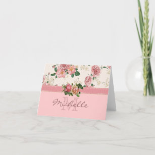 Romantic Cottage Rose Name and Monogram Note Card