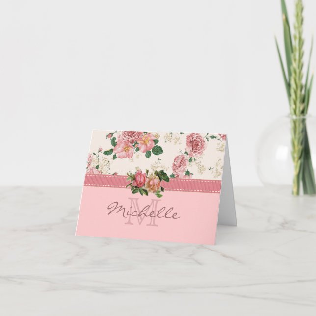 Romantic Cottage Rose Name and Monogram Note Card (Front)