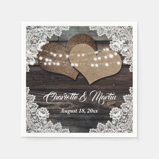 Romantic Country Wood Hearts Floral Lace Wedding Napkin (Front)