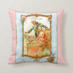 Romantic Couple at Harpsicord & Bluebird Throw Pillow