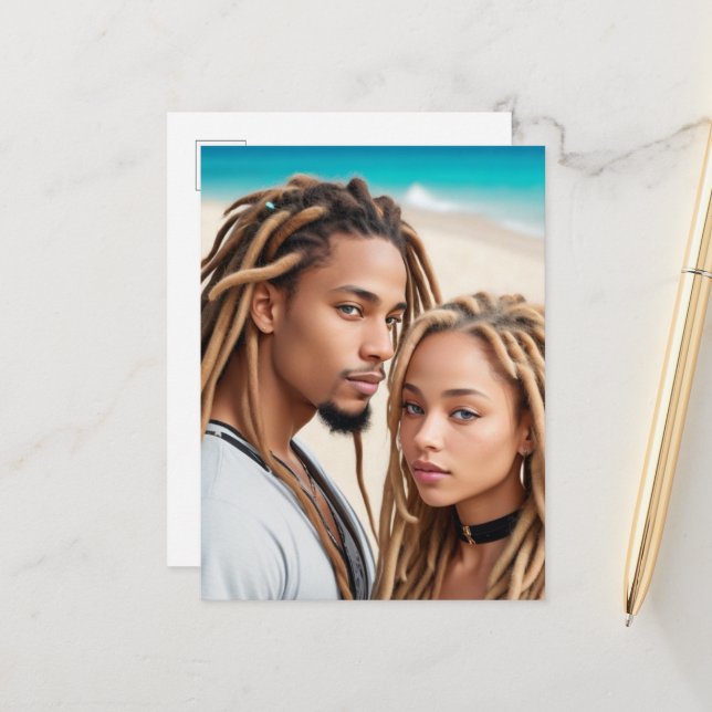 Romantic Couple Beach Digital Art Poster Postcard (Front/Back In Situ)