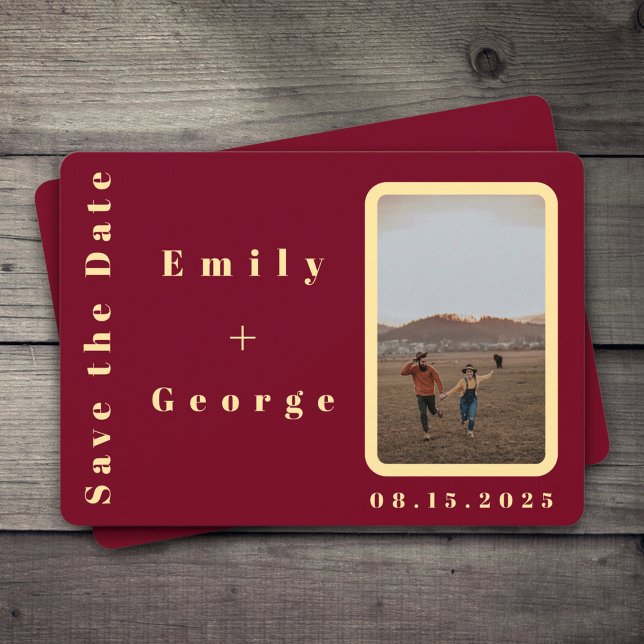 Romantic Couple Burgundy Gold Photo Wedding Save The Date (Creator Uploaded)