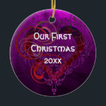 Romantic Couple Custom Year Holiday Ornament<br><div class="desc">Celebrate a special milestone with this elegant “Our First Christmas” personalized ornament. Featuring a rich purple background with an ornate heart design, this romantic ornament is perfect for commemorating your first holiday season together. Customize the ornament by adding your own year or special date, making it a meaningful keepsake you’ll...</div>
