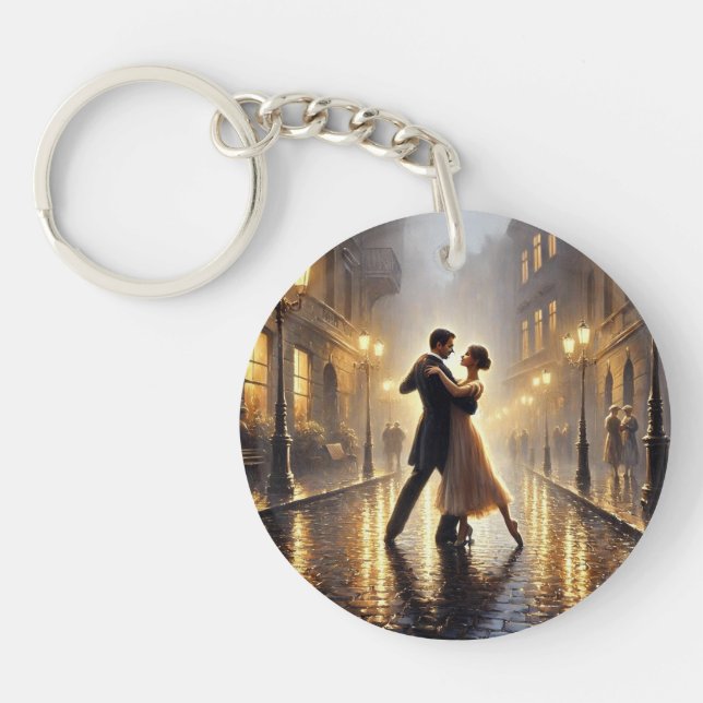Romantic Couple dancing in the rain Keychain (Front)
