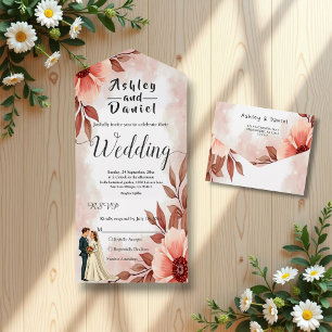 Romantic Couple Dusty Watercolor Floral Wedding All In One Invitation