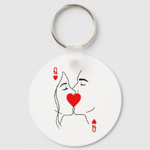Romantic Couple Kiss Queen Of Hearts Poker Playing Keychain