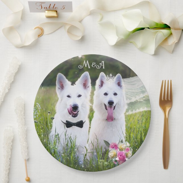 Romantic couple of dogs geting married paper plate (Wedding)