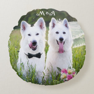 Romantic couple of dogs geting married round pillow