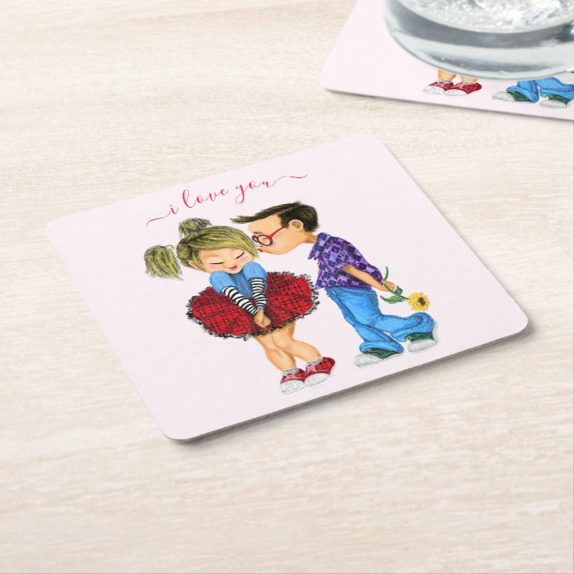 Romantic Couple Paper Coaster - Love - Custom Text (Angled)